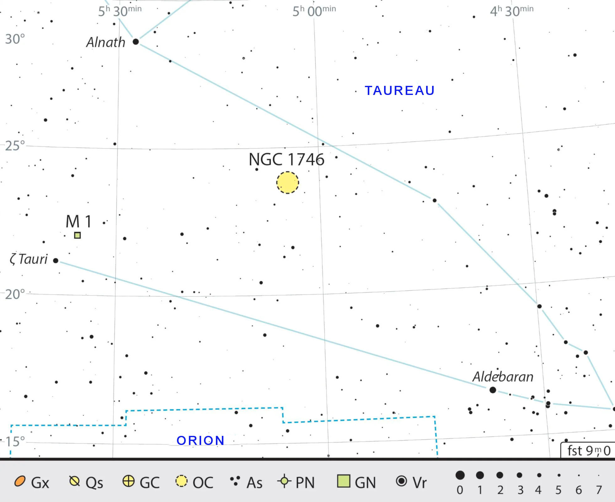 Carte de recherche de Messier 1 dans la constellation du Taureau. J. Scholten